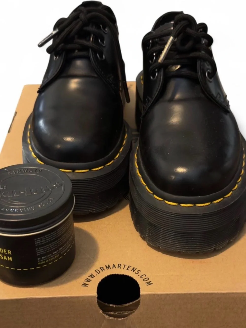 Dr. Martens Black Leather Platform Derby with Yellow Stitching
